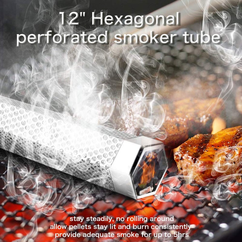 LANNEY Smoke Tube for Pellet Smoker, 12'' Smoker Tube for Pellet Grill - Hot or Cold Smoker Accessories for Electric Gas Charcoal Grilling, Premium Stainless Steel Portable Barbecue Smoking Tube, Bonus Brush - Image 2